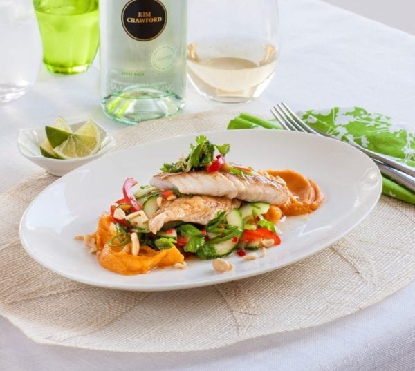Pan fried snapper with kumara puree & thai salad Egmont Seafoods