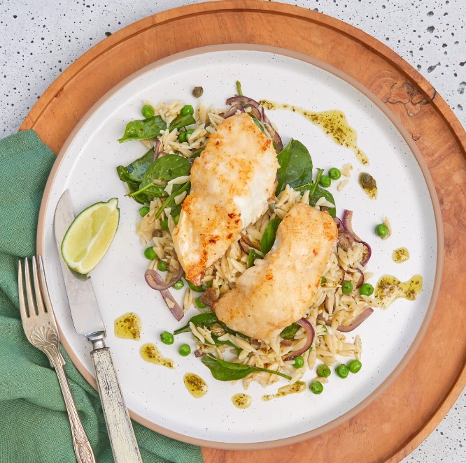 Paprika Coated Ling with Warm Orzo Salad Egmont Seafoods